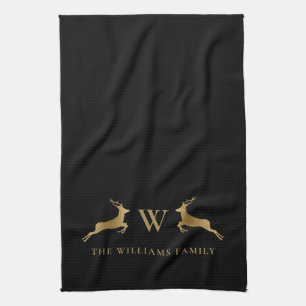 Linge De Cuisine Nom de famille Monogram Gold Deer Black