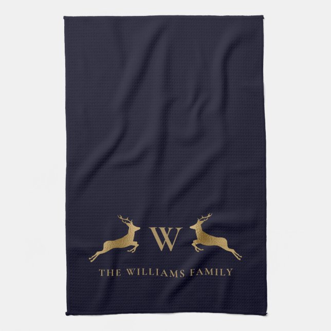 Linge De Cuisine Nom de famille Monogram Gold Deer Midnight Navy (Vertical)