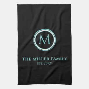Linge De Cuisine Nom de famille  Monogramme  Date  Noir et Turquois