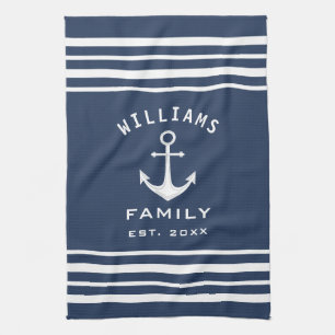 Linge De Cuisine Nom De Famille Personnalisé Nautique Bleu Et Blanc
