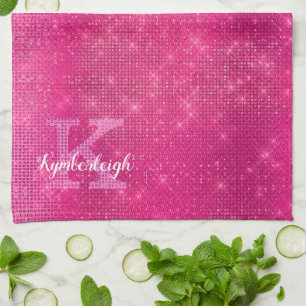 Linge De Cuisine Nom du monogramme étincelant brillant rose-chaud
