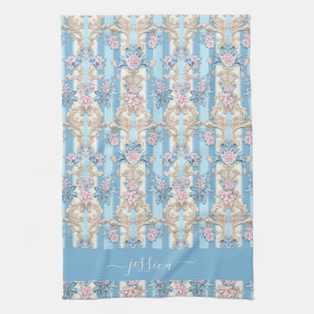 Linge De Cuisine Nom du script bleu clair baroque (Vertical)