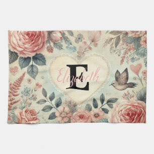 Linge De Cuisine Nom monogramme Coeurs romantiques vintages rose fl