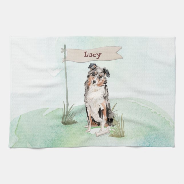 Linge De Cuisine Nom personnalisé Australian Shepherd Pet Dog (Horizontal)
