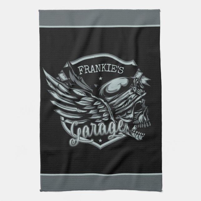Linge De Cuisine Nom personnalisé Biker Skull Wings Motorcycle Gara (Vertical)