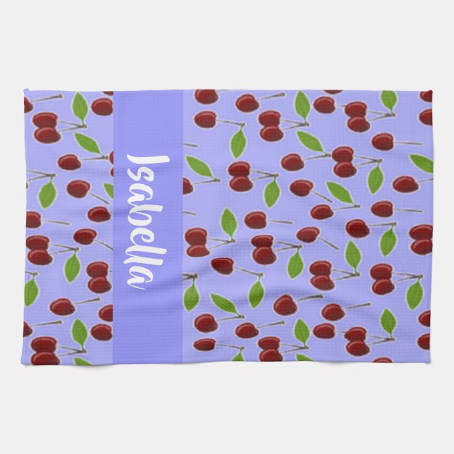 Linge De Cuisine Nom personnalisé cerises motif bleu (Horizontal)