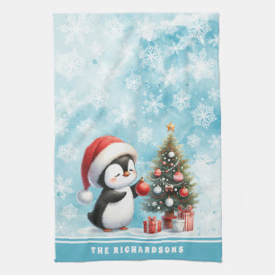 Linge De Cuisine Nom personnalisé Cute Penguin Snowy Bleu Noël