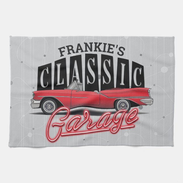 Linge De Cuisine Nom personnalisé Faux Neon Garage de voiture class (Horizontal)