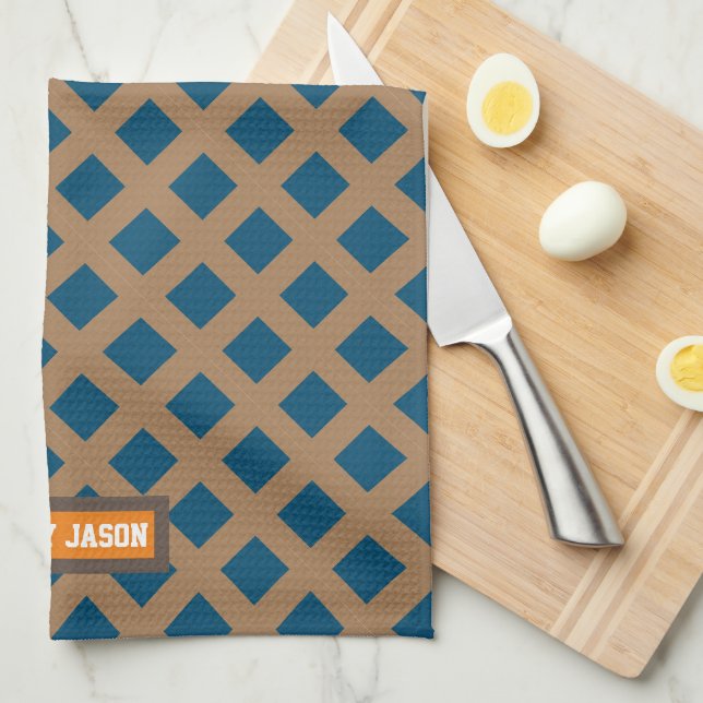 Linge De Cuisine Nom personnalisé moderne marine bleu marron motif  (Quart Plié)