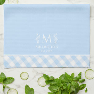 Linge De Cuisine Nom personnalisé Monogramme En vichy bleu et blanc