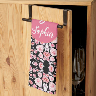 Linge De Cuisine Nom personnalisé monogrammé floral aquarelle rose
