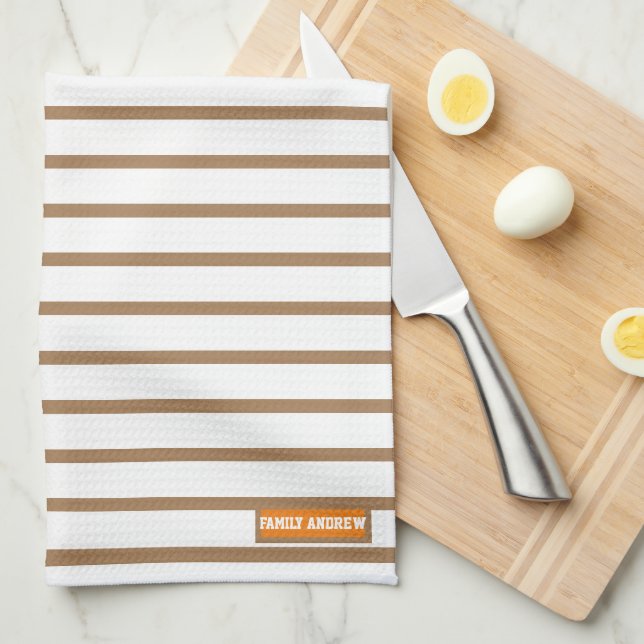 Linge De Cuisine Nom personnalisé monogramme rayures motif blanc br (Quart Plié)