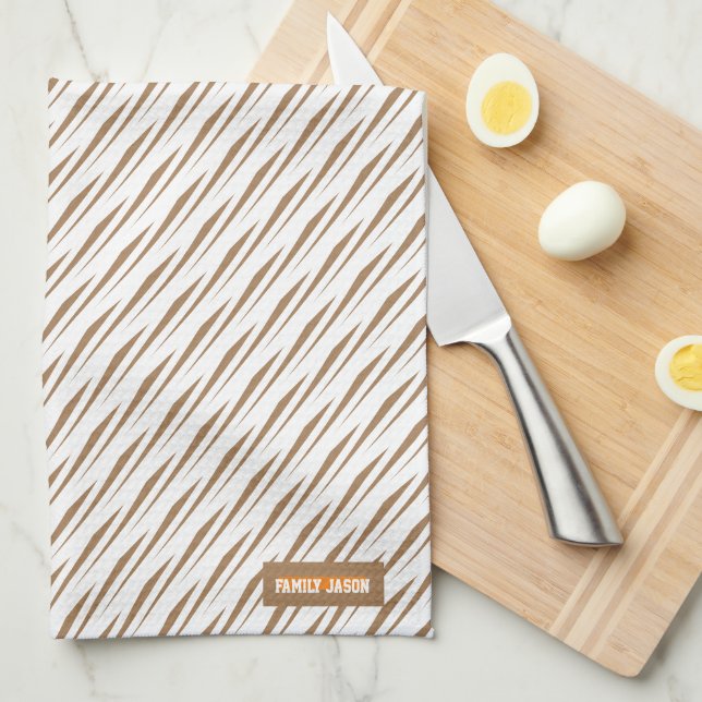 Linge De Cuisine Nom personnalisé monogramme rayures ondes blanc br (Quart Plié)