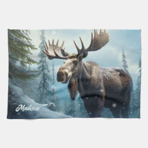 Linge De Cuisine Nom personnalisé Moose d'hiver