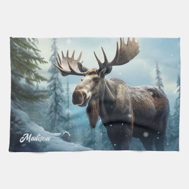 Linge De Cuisine Nom personnalisé Moose d'hiver (Horizontal)