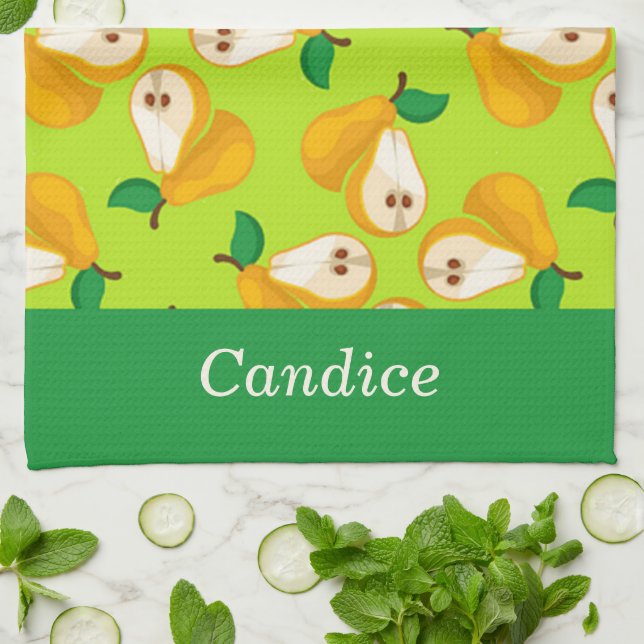 Linge De Cuisine Nom personnalisé perles orange sur vert (Plié)