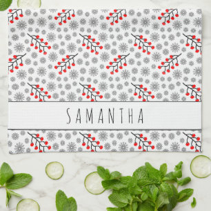 Linge De Cuisine Nom personnalisé Rouge Gris Scandinave Motif Flora