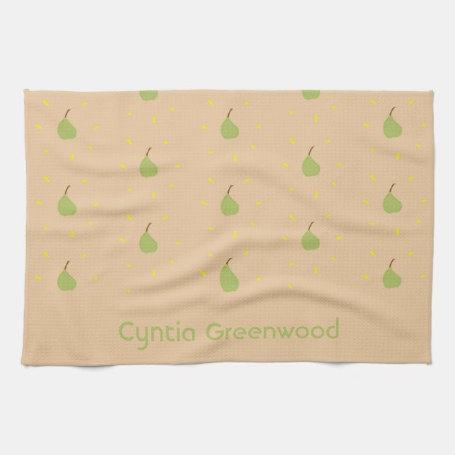 Linge De Cuisine Nom personnalisé vert poire motif brun (Horizontal)