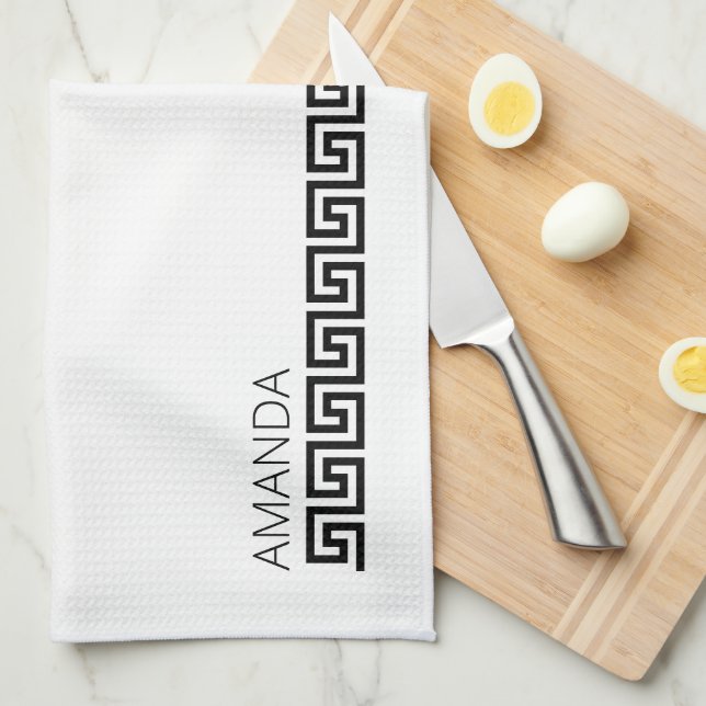 Linge De Cuisine Nommée Timeless Black White Greek Key (Quart Plié)