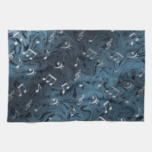 Linge De Cuisine notes de musique argentées élégantes en bleu
