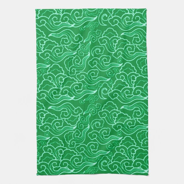 Linge De Cuisine Nuages japonais vintages, Jade Green (Vertical)