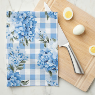 LINGE DE CUISINE NUANCES DE BLEU ET MOTIF À CARREAUX BLANC ET FLEUR
