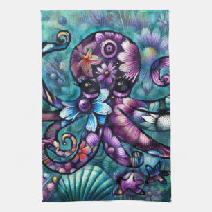 Linge De Cuisine Octopus lunaire Floral Turquoise Purple Bleu Côte