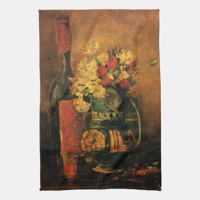 Linge De Cuisine Oeillets, Roses et une bouteille de Vincent van Go (Vertical)