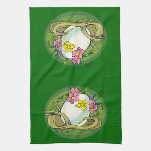 Linge De Cuisine Oeufs de Pâques avec fleurs de printemps vert