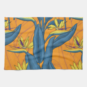 Linge De Cuisine Oiseau de fleurs paradisiaques sur orange