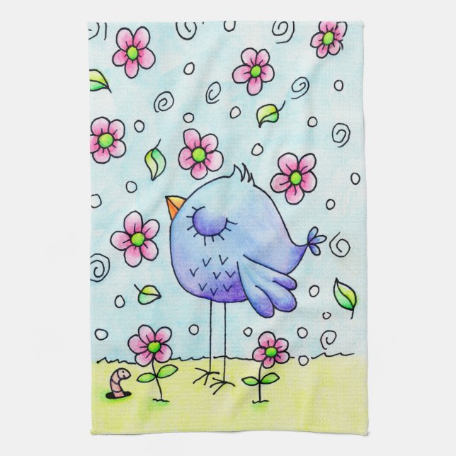 Linge De Cuisine Oiseau Et Fleurs Bleus Whimsical (Vertical)