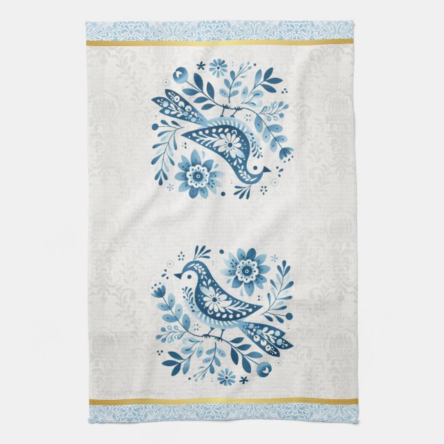 Linge De Cuisine Oiseau folk scandinave bleu (Vertical)