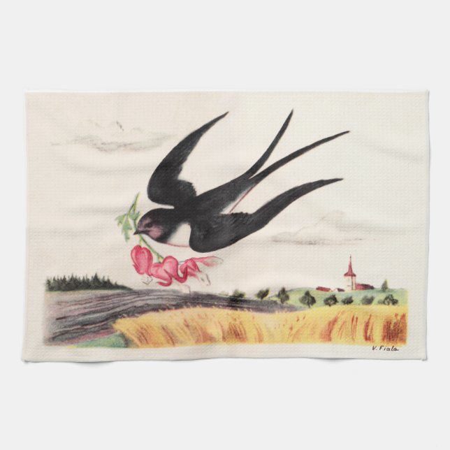 Linge De Cuisine Oiseau Volant Avec Fleurs (Horizontal)