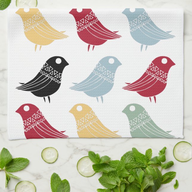 Linge De Cuisine Oiseaux Abstraits rétro Moderne du milieu du siècl (Plié)