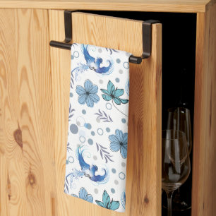 Linge De Cuisine Oiseaux bleus et harmonie florale motif sans coutu