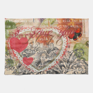 Linge De Cuisine Oiseaux de l'amour Cœur Rouge Collage d'art