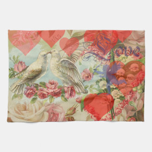 Linge De Cuisine Oiseaux de l'amour Vintage Antique Cœur