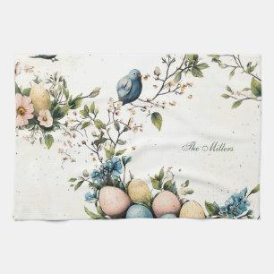 Linge De Cuisine Oiseaux de Pâques et œufs pastel aquarelle florale