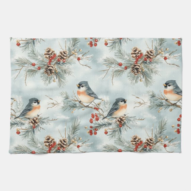 Linge De Cuisine Oiseaux d'hiver Motif avec Pinecones et neige (Horizontal)