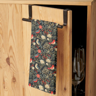 Linge De Cuisine Oiseaux Festifs Élégants & Fleurs de Noël Rouge