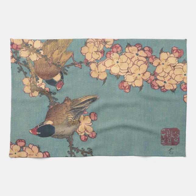 Linge De Cuisine Oiseaux Fleurs Hokusai Art Japonais (Horizontal)