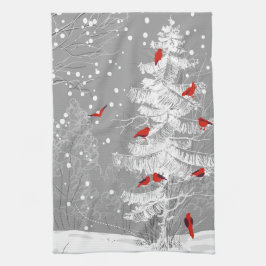 Linge De Cuisine Oiseaux rouges, Noël blanc