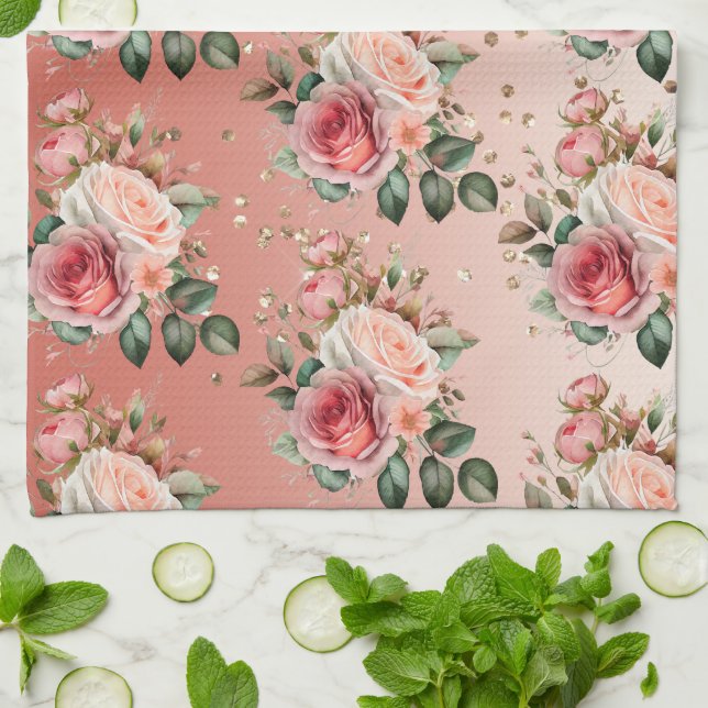 Linge De Cuisine Or Confetti rose Roses Floral (Plié)