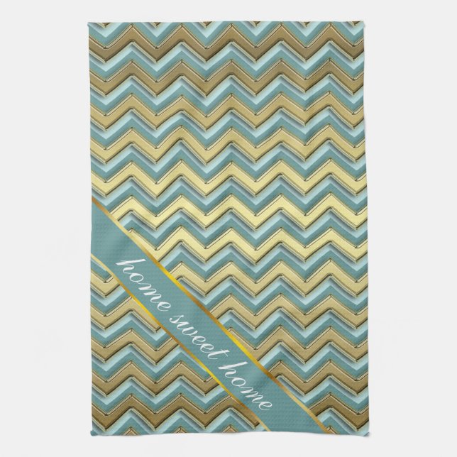 Linge De Cuisine Or et Turquoise Motif Chevron (Vertical)