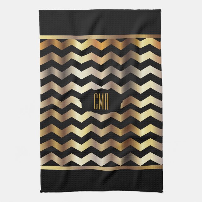 Linge De Cuisine Or métallique et rayure noire Chevron de (Vertical)