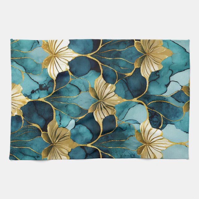 Linge De Cuisine Or Turquoise floral japonais (Horizontal)