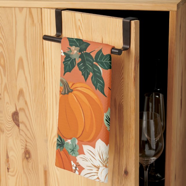 Linge De Cuisine Orange Boho Citrouille Automne motif floral (Pliage en tiers)
