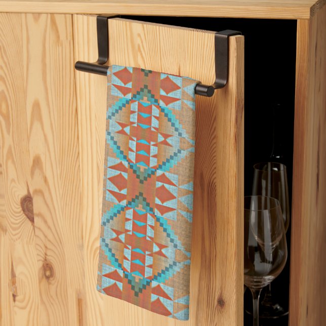 Linge De Cuisine Orange Brown Aqua Turquoise Blue Tribal Art (Pliage en tiers)