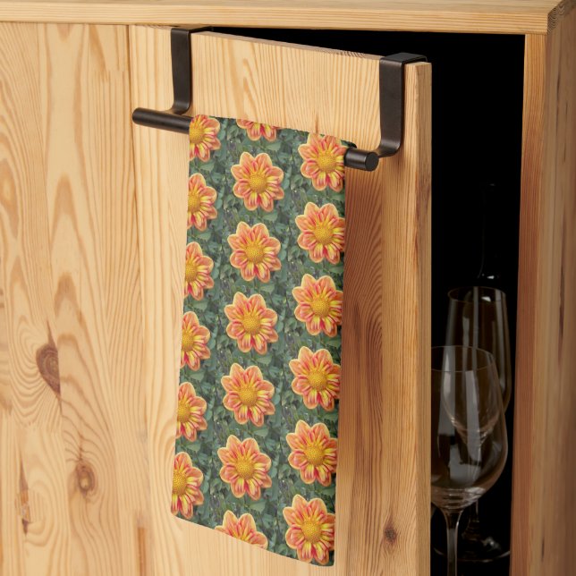Linge De Cuisine Orange Collarette Dahlia motifs floraux (Pliage en tiers)