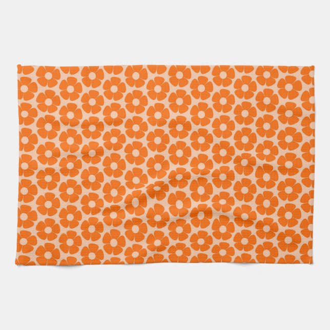 Linge De Cuisine Orange et Pêche Retro 60s motif floral  (Horizontal)